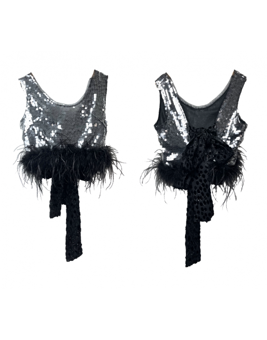 BACK LACE-UP OSTRICH FEATHER SEQUIN VEST